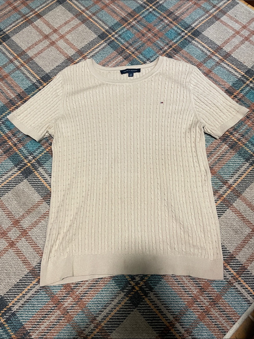 Tommy Hilfiger Cream Short-Sleeve Cable Knit Crew Sweater
